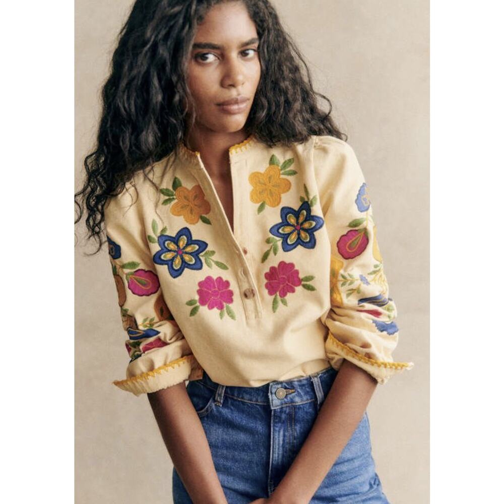 Sezane Floral Embroidered Blouse - Yellow